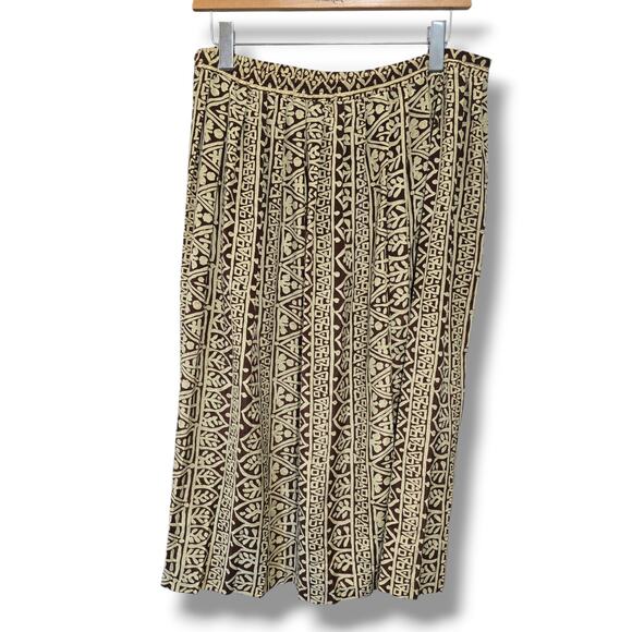 Leslie Fay Vintage Brown Cream Print Midi Skirt Size 14 Elastic Waist - Picture 5 of 9